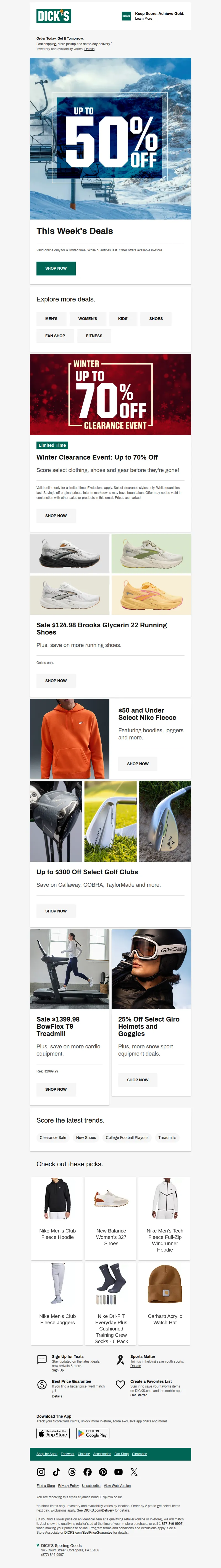 Email screenshot from Dick's Sporting Goods - Score your favorites now: Up to 50% off deals