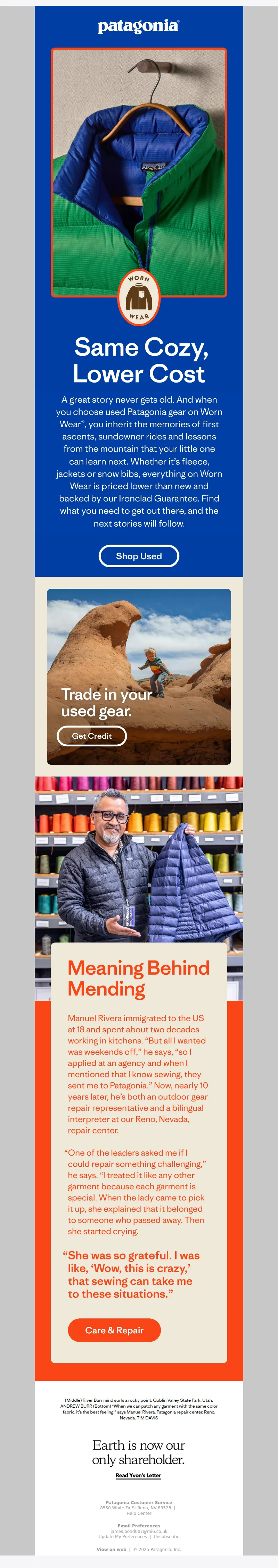 Email screenshot from Patagonia - Buy used, stories included