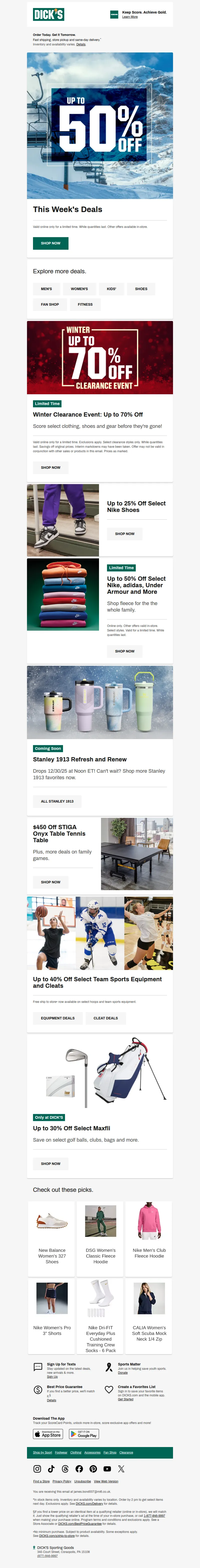 Email screenshot from Dick's Sporting Goods - Why pay full price? Get up to 50% off deals now 💲