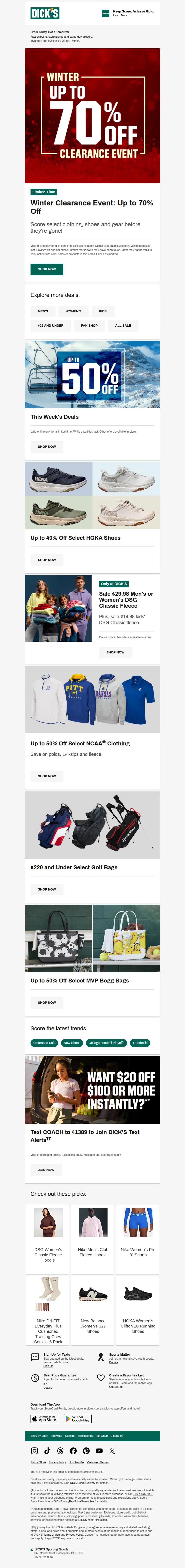 Email screenshot from Dick's | Clearance - Massive savings alert: up to 70% off winter clearance 💸