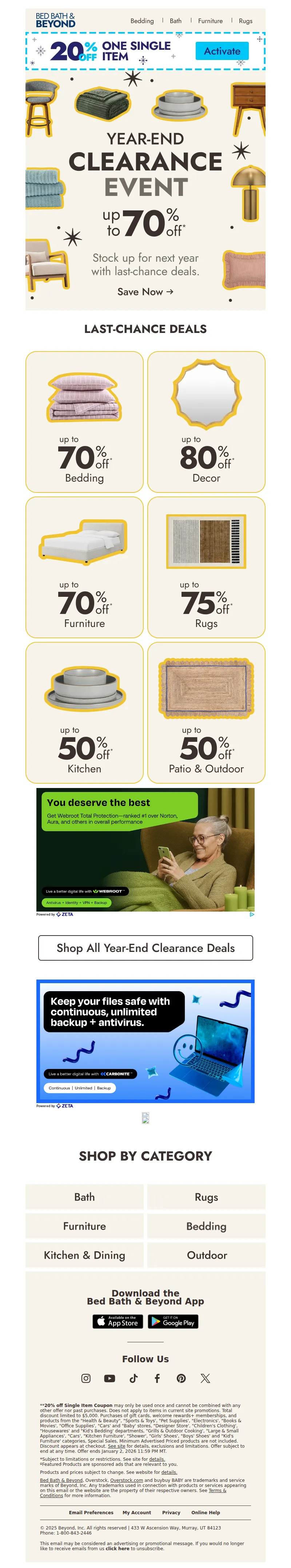 Email screenshot from Bed Bath & Beyond - Year-end deals—up to 70% off 🎉🤩