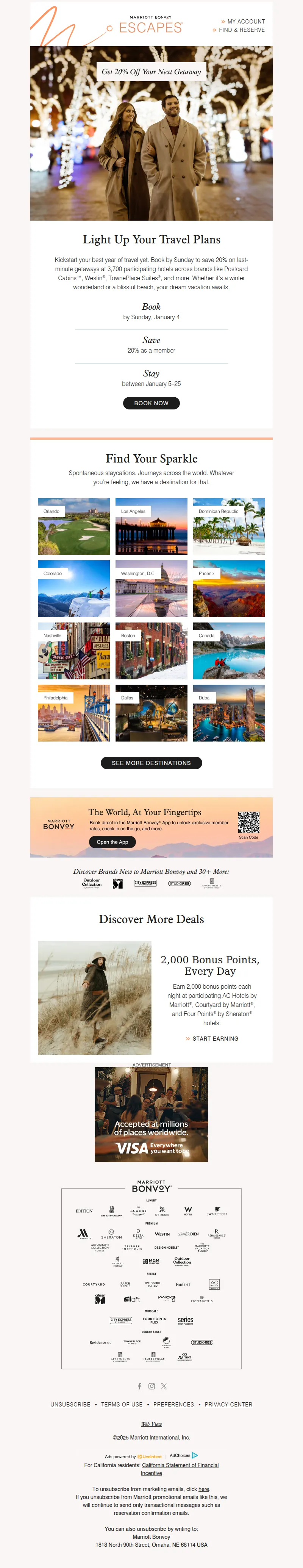 Email screenshot from Marriott Bonvoy Escapes - Mr. Bond, New Year, New Places to Save 20% 🌎✨