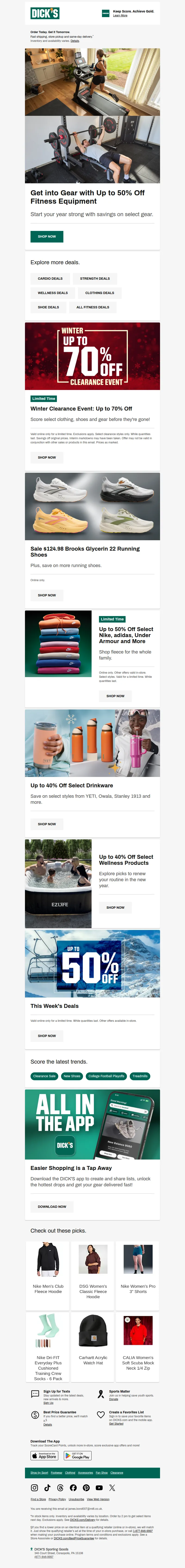 Email screenshot from Dick's Sporting Goods - 🔥 * New goals start now: up to 50% off select equipment *