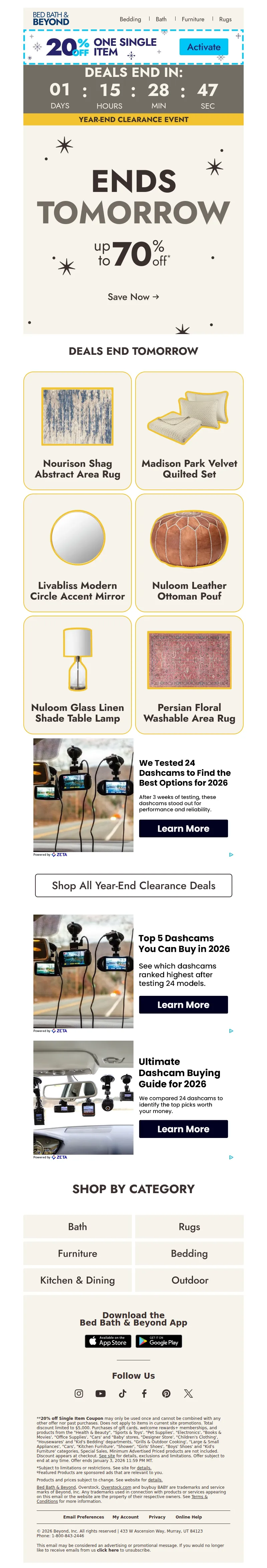 Email screenshot from Bed Bath & Beyond - Up to 70% off ends tomorrow 🎊