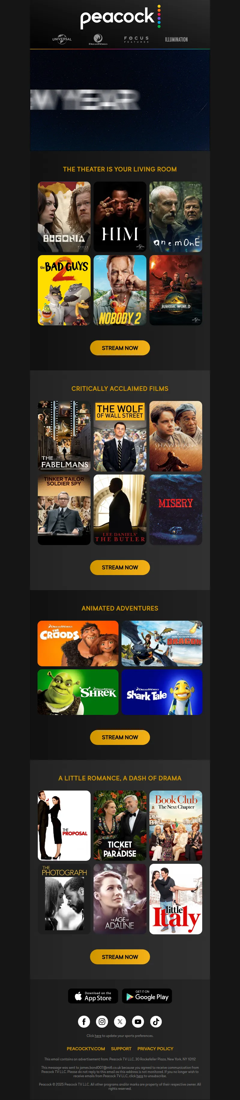 Email screenshot from Peacock - Ring in the new year with new films 🔔