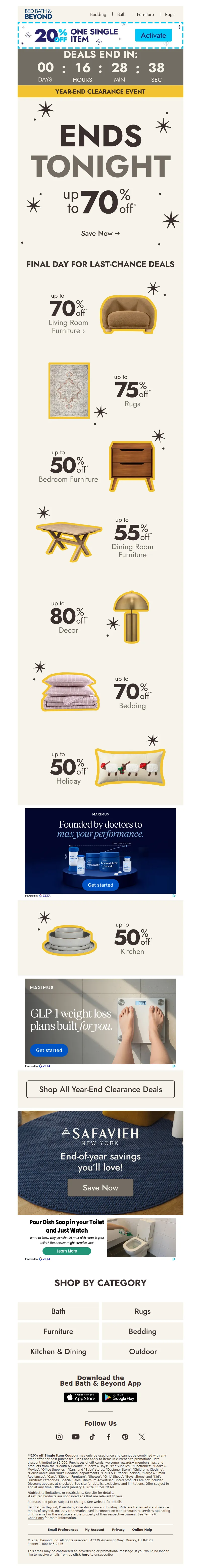 Email screenshot from Bed Bath & Beyond - Ends tonight: Up to 70% off ⏰