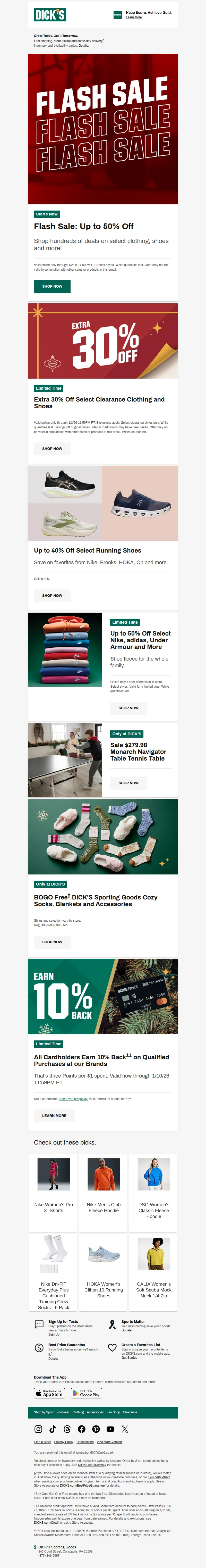 Email screenshot from Dick's | Flash Sale - Just today! Up to 50% off Flash Sale DEALS