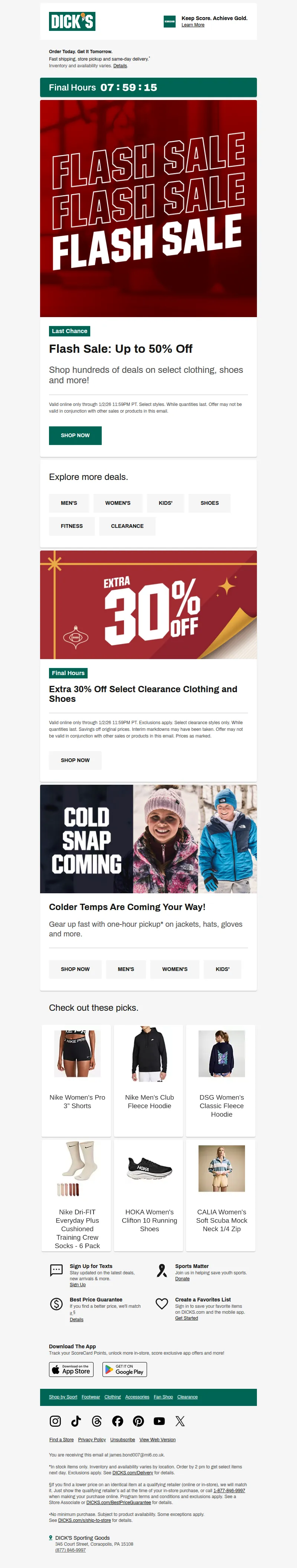 Email screenshot from Dick's | Flash Sale - Final hours! Tonight is your last chance for up to 50% off 🙌