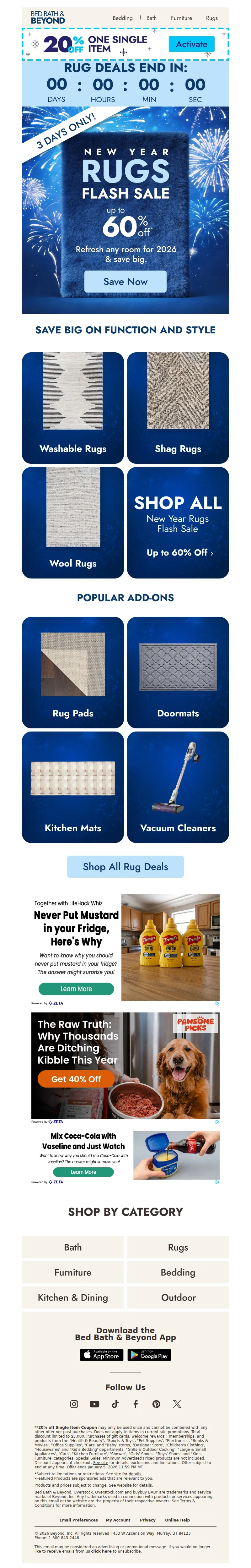 Email screenshot from Bed Bath & Beyond - Up to 60% off rugs—but only for 72 hours 🔥