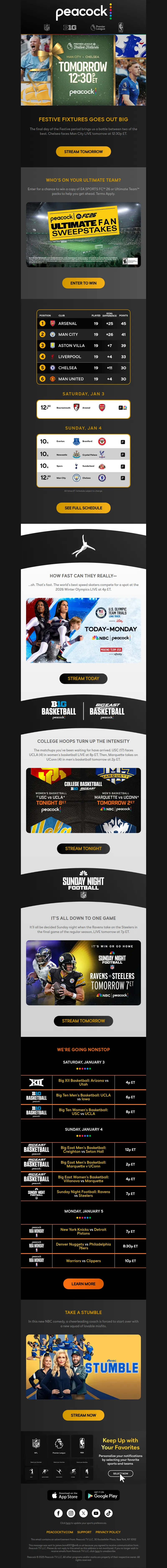 Email screenshot from Peacock - THIS WEEKEND: Olympic Trials, Premier League, College Ball, and more