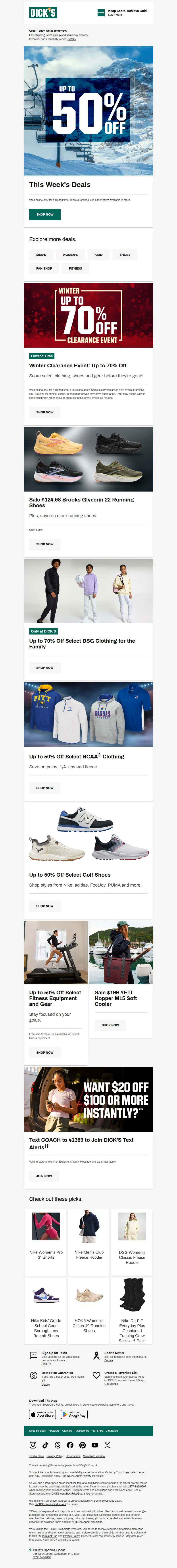 Email screenshot from Dick's Sporting Goods - Find something new with up to 50% off deals! 👏