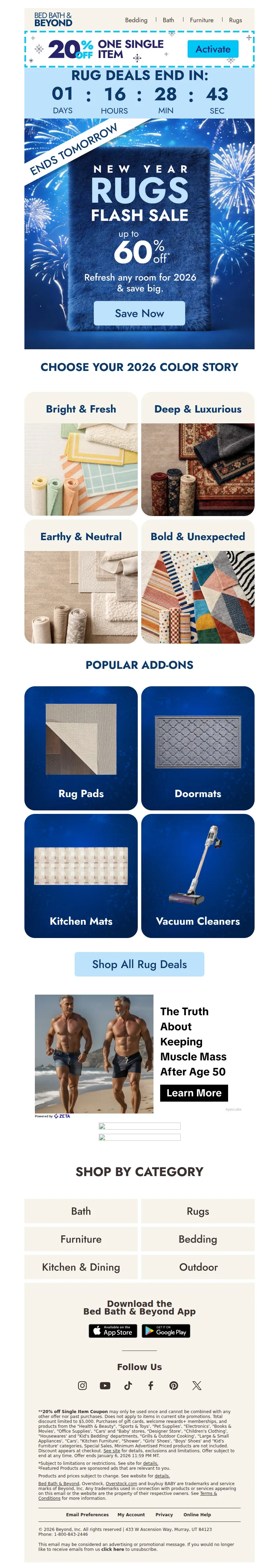 Email screenshot from Bed Bath & Beyond - Ends tomorrow: Up to 60% off rugs ⏰