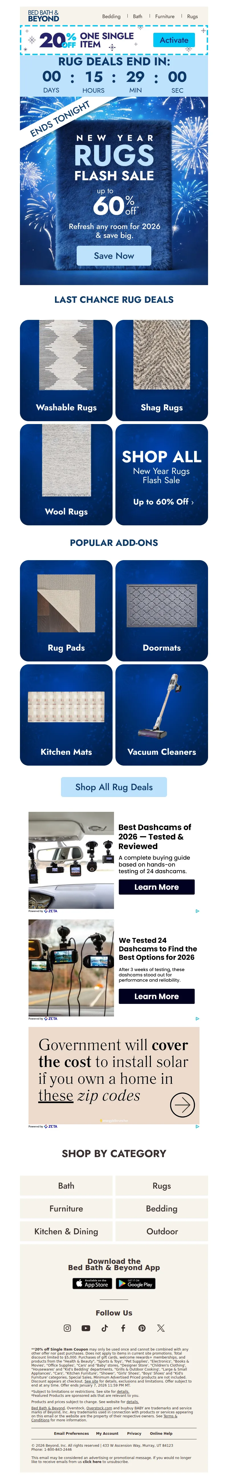 Email screenshot from Bed Bath & Beyond - Up to 60% off rugs ends tonight ⏳