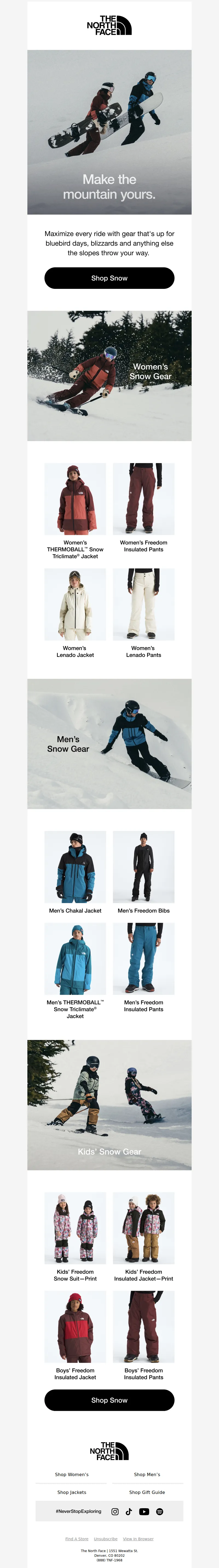 Email screenshot from The North Face - Discover our full line of snow gear.
