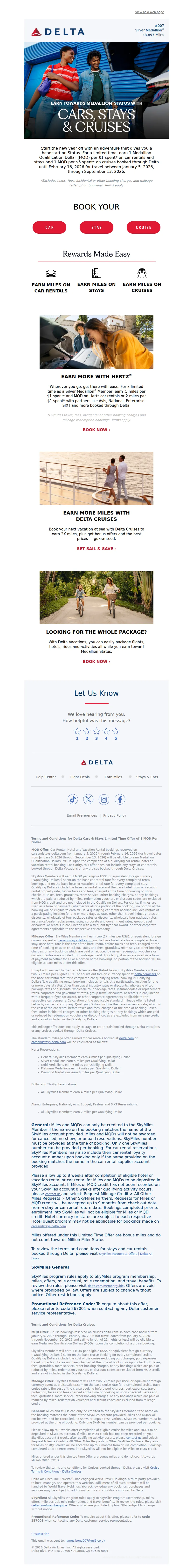 Email screenshot from Delta Air Lines - Limited Time: Earn MQDs With Cars, Stays & Cruises