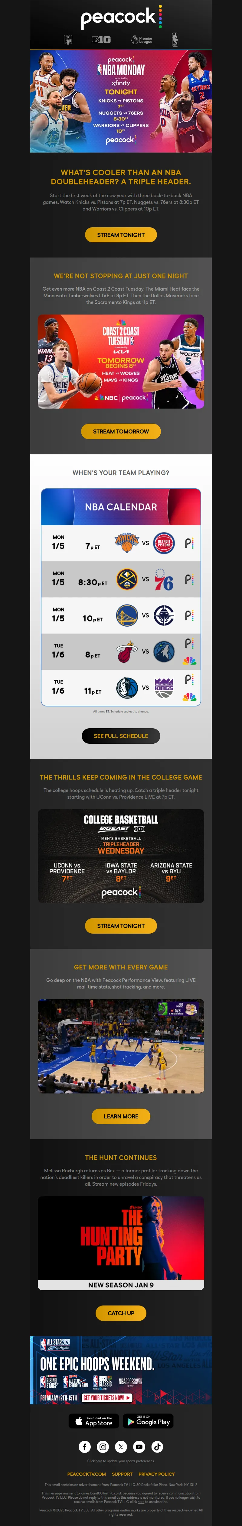 Email screenshot from Peacock - TONIGHT: NBA Monday Triple Header π