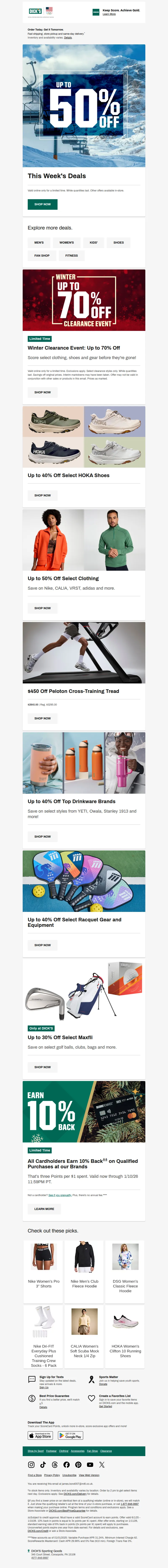 Email screenshot from Dick's Sporting Goods - Up to 50% off deals are one click away 📩