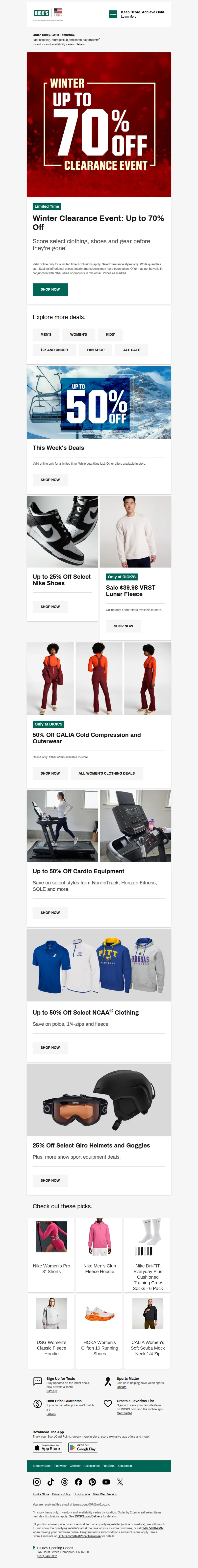 Email screenshot from Dick's | Clearance - Have you shopped our Winter Clearance Event yet? Up to 70% off is waiting ❄️