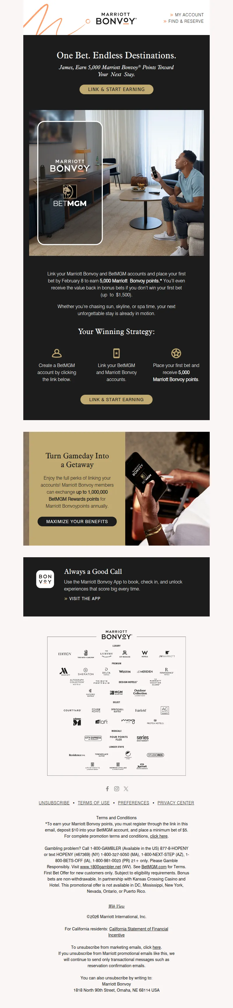 Email screenshot from Marriott Bonvoy - Score 5,000 Marriott Bonvoy Points on Your First Bet