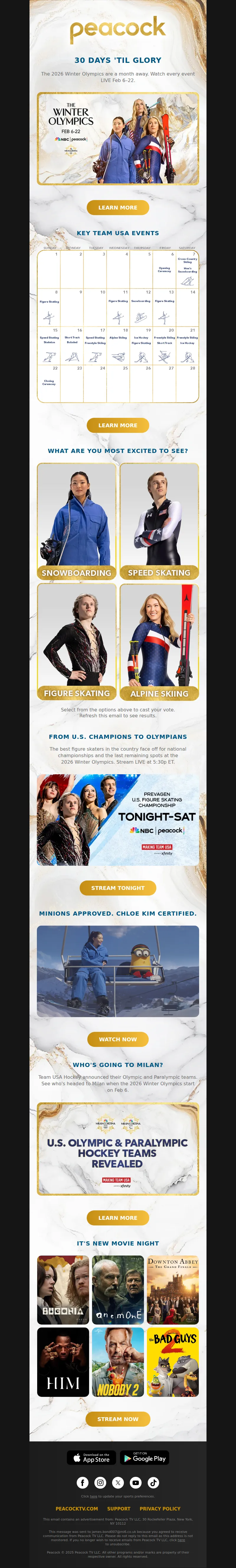 Email screenshot from Peacock - 30 Days 'Till GOLD 🥇