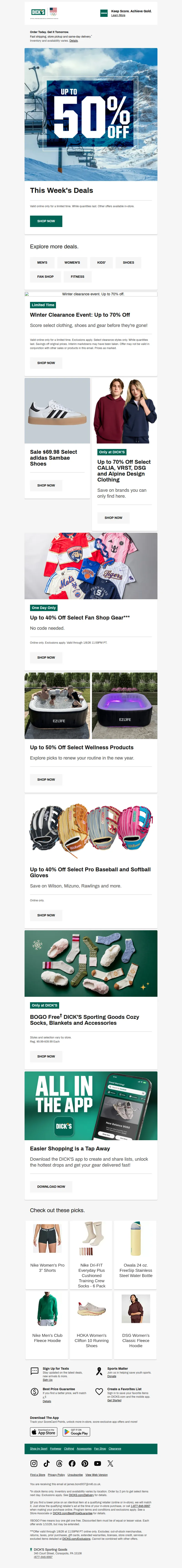 Email screenshot from Dick's Sporting Goods - Searching for deals? See what's up to 50% off this week ✅