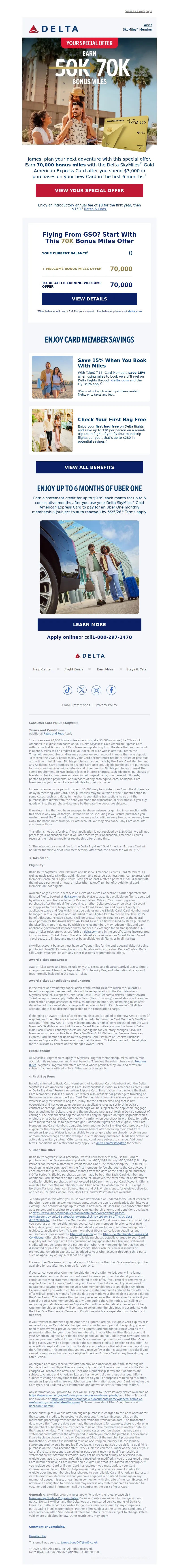 Email screenshot from Delta Air Lines - Mr. Bond, Unlock Your 70K Bonus Miles Special Offer