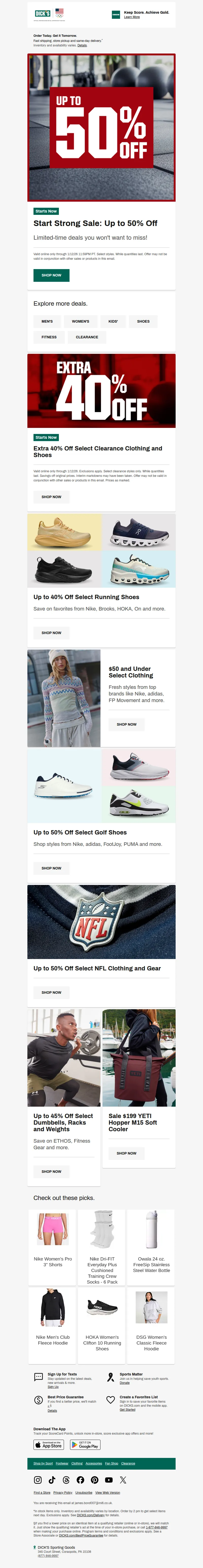 Email screenshot from Dick's | Weekend Savings Event - Start Strong Sale begins NOW! 💪 💰 Up to 50% OFF is yours.