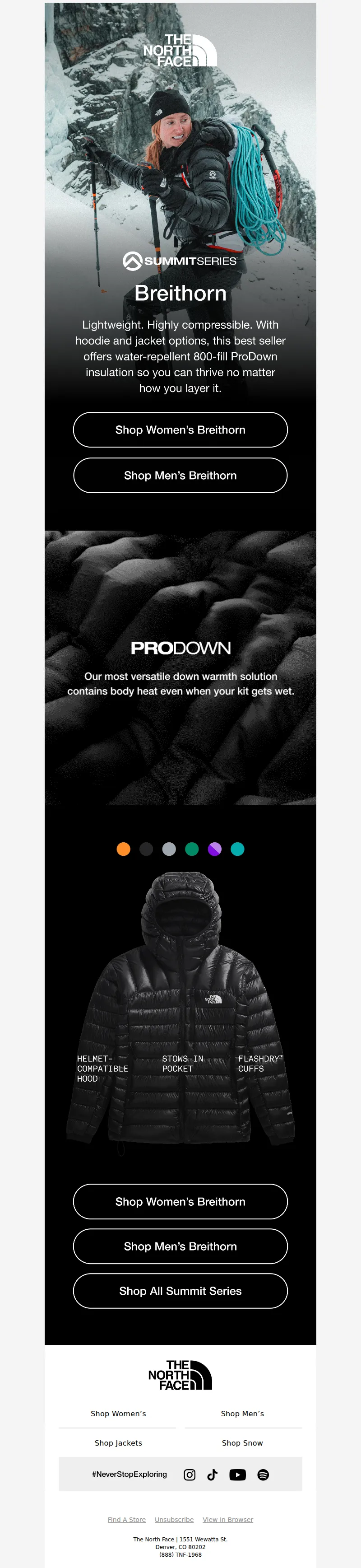 Email screenshot from The North Face - Breithorn: Excel at high altitude.