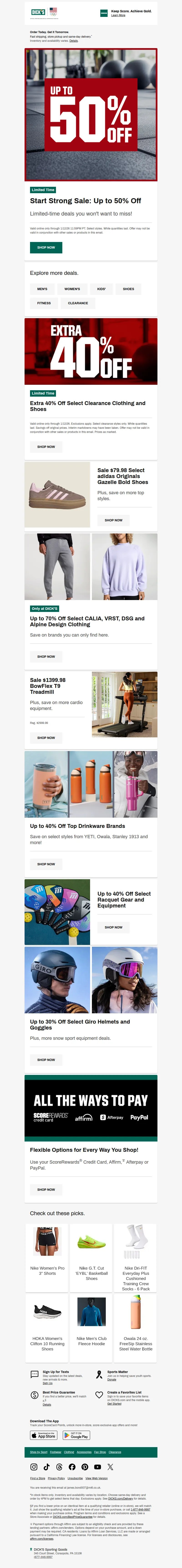 Email screenshot from Dick's | Weekend Savings Event - Start Strong Sale = Up to 50% OFF! 💸 You don't want to miss this...