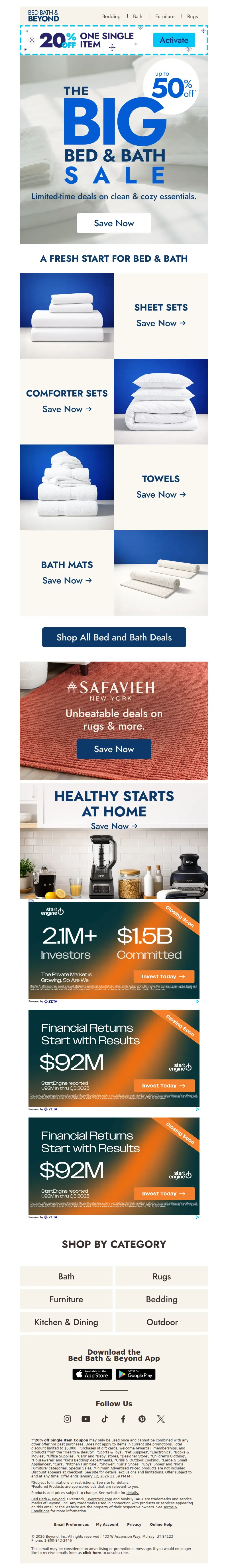 Email screenshot from Bed Bath & Beyond - Up to 50% off your bed & bath reset
