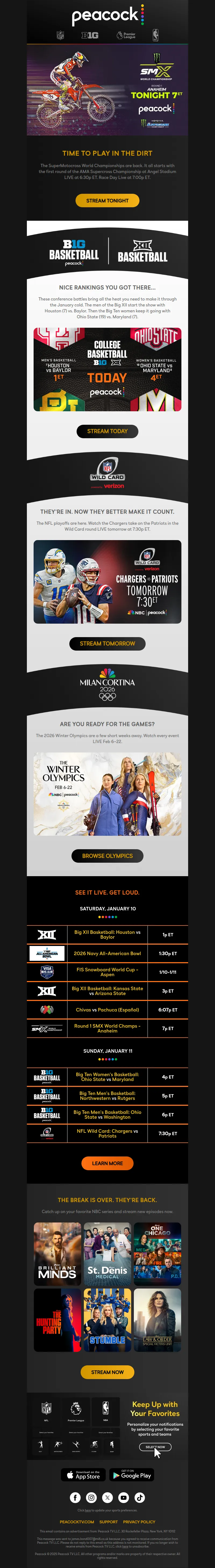 Email screenshot from Peacock - Olympics, NFL Wild Card, basketball & more