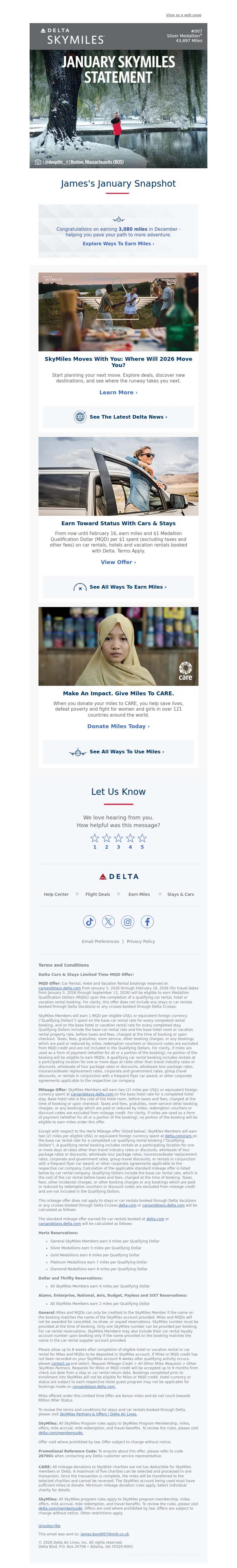Email screenshot from Delta Air Lines - Mr. Bond, Your January SkyMiles Statement Is Here
