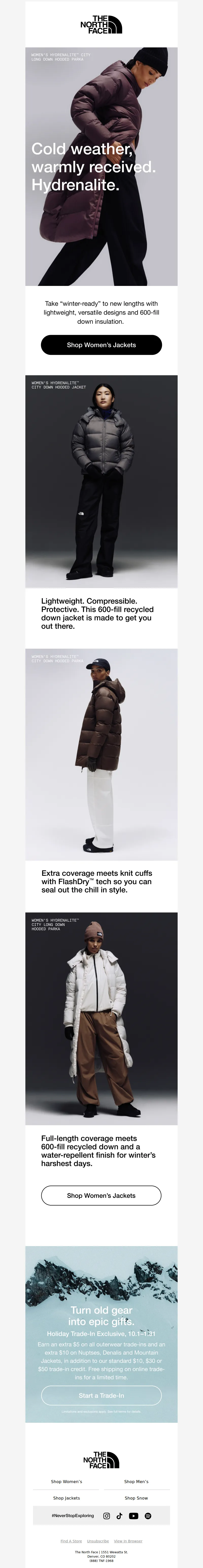 Email screenshot from The North Face - Hydrenalite jackets: Down for winter.
