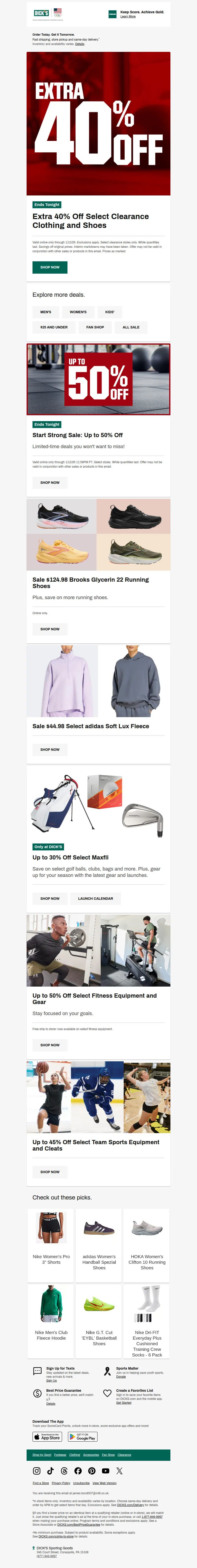 Email screenshot from Dick's | Clearance - ⏰ EXTRA 40% OFF select clearance clothing & shoes ends tonight! ⏰