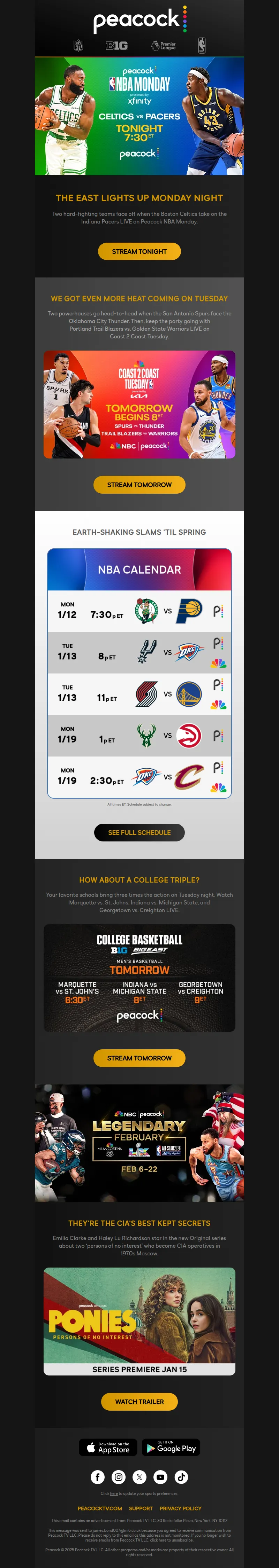 Email screenshot from Peacock - DON'T MISS: Celtics vs. Pacers 🏀