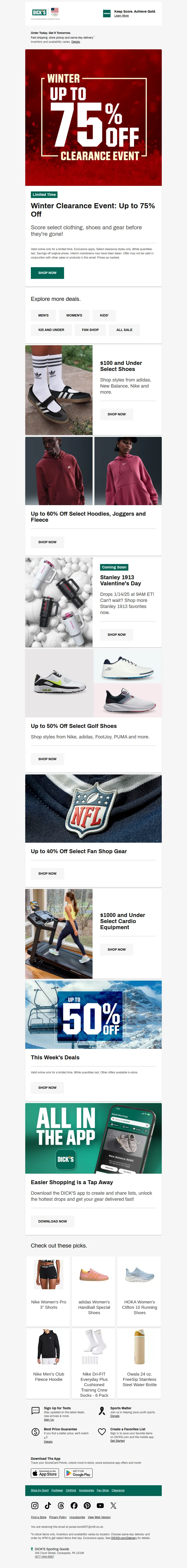 Email screenshot from Dick's | Clearance - Up to 75% OFF Winter Clearance is happening now!
