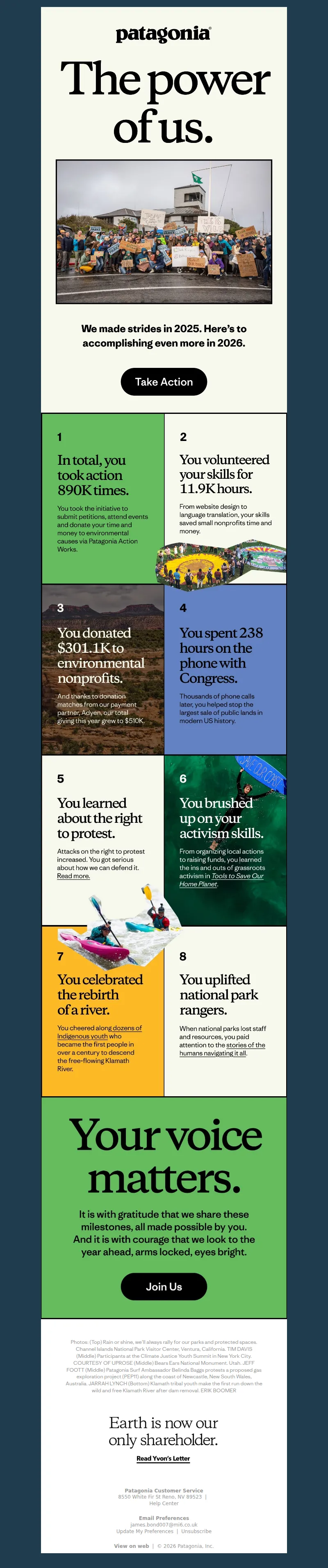 Email screenshot from Patagonia - We made strides in 2025 🌍