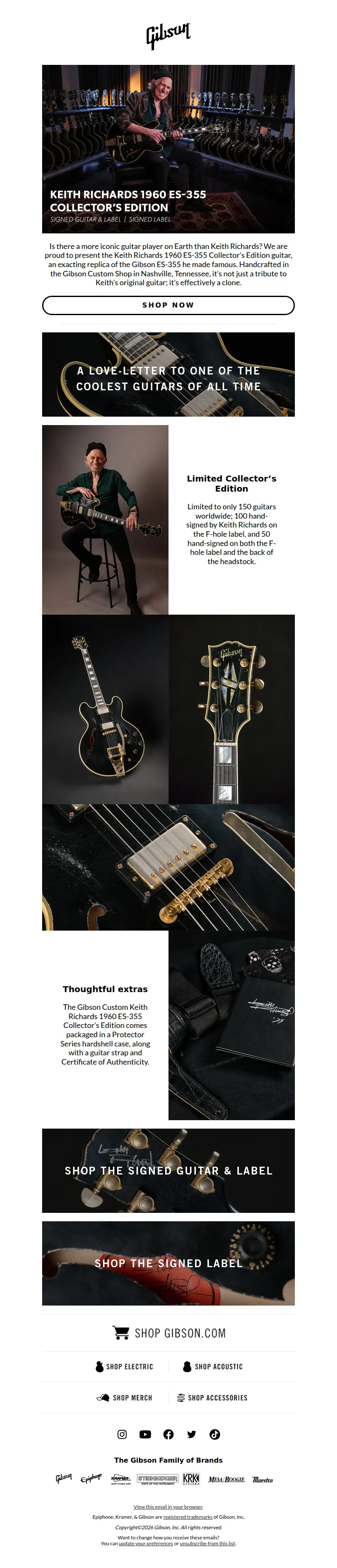 Email screenshot from Gibson - Introducing the Keith Richards 1960 ES-355 Collector’s Edition