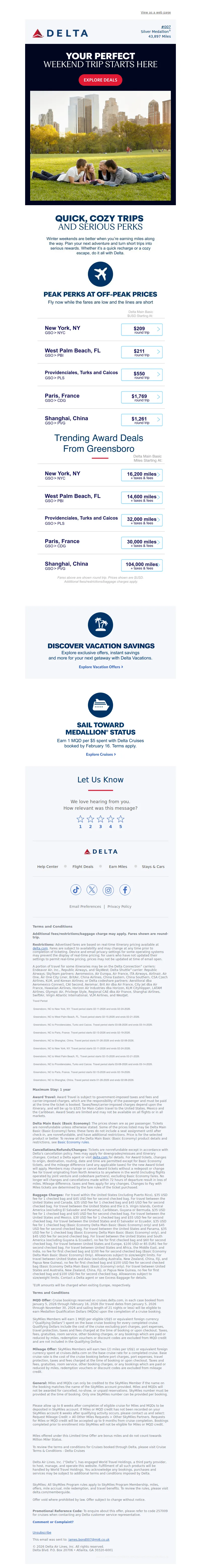 Email screenshot from Delta Air Lines - Flight Deals Are Ready To Book