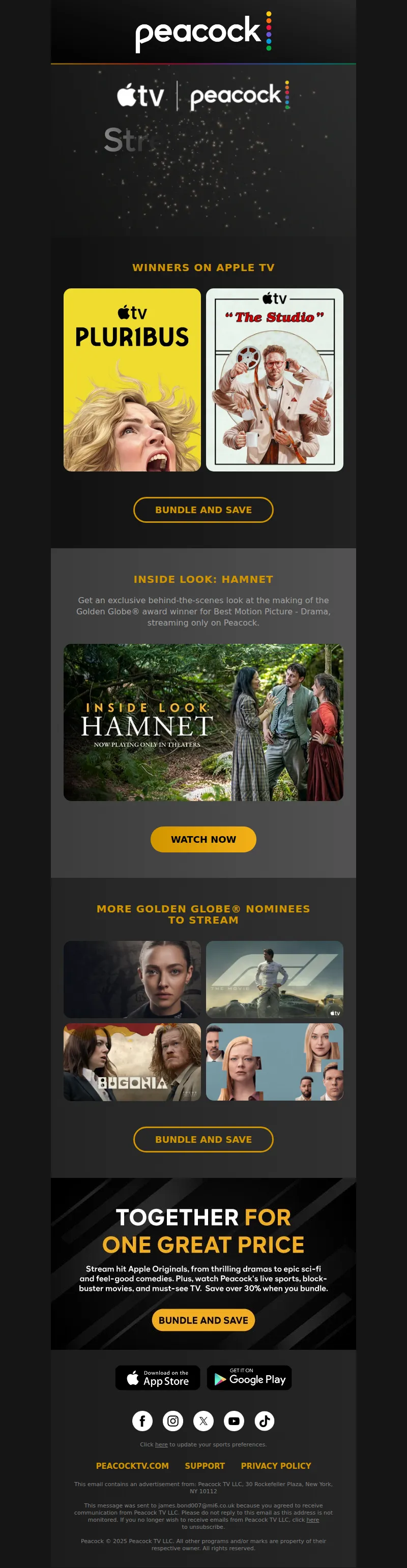 Email screenshot from Peacock - Bundle and save to stream Golden Globe winners🏆
