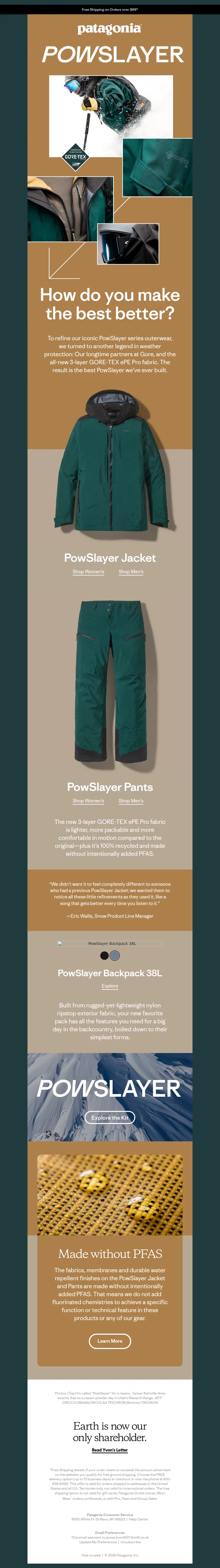 Email screenshot from Patagonia - The refined PowSlayer series