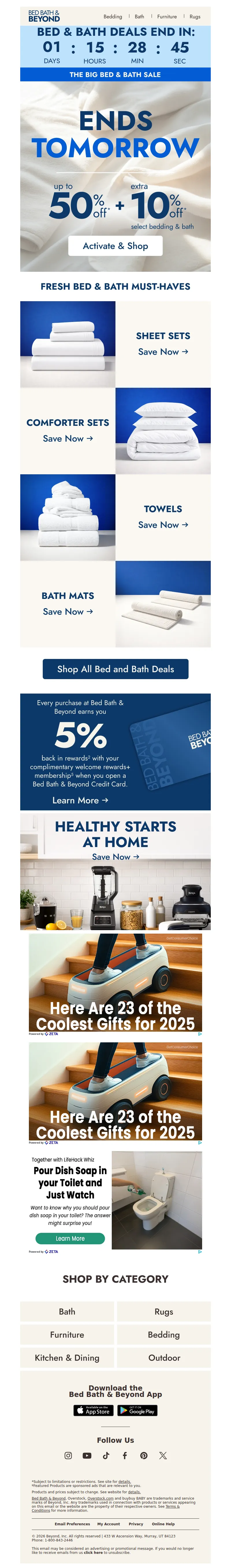 Email screenshot from Bed Bath & Beyond - Ends tomorrow: Up to 50% + EXTRA 10% off bed & bath ⏳