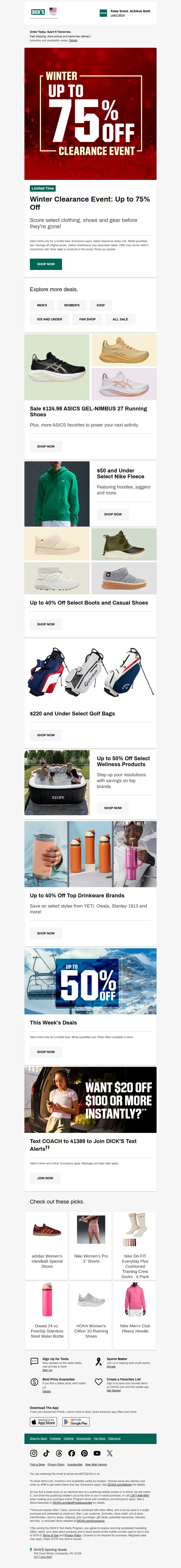 Email screenshot from Dick's | Clearance - Take a look at the Winter Clearance Event today... Now's the time to get up to 75% off!