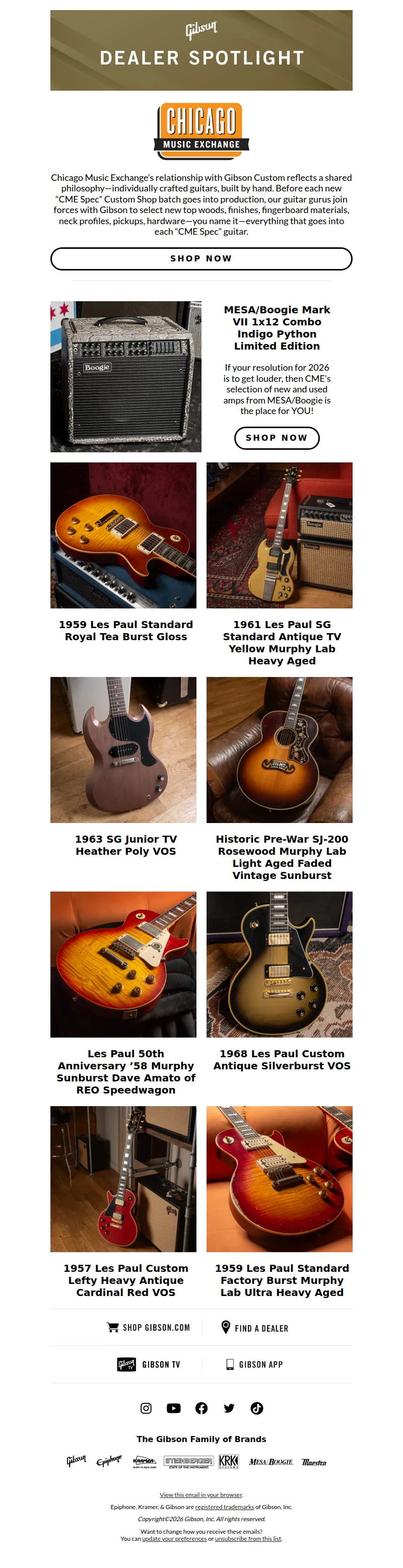 Email screenshot from Gibson - Explore "CME Spec" Gibson Custom guitars