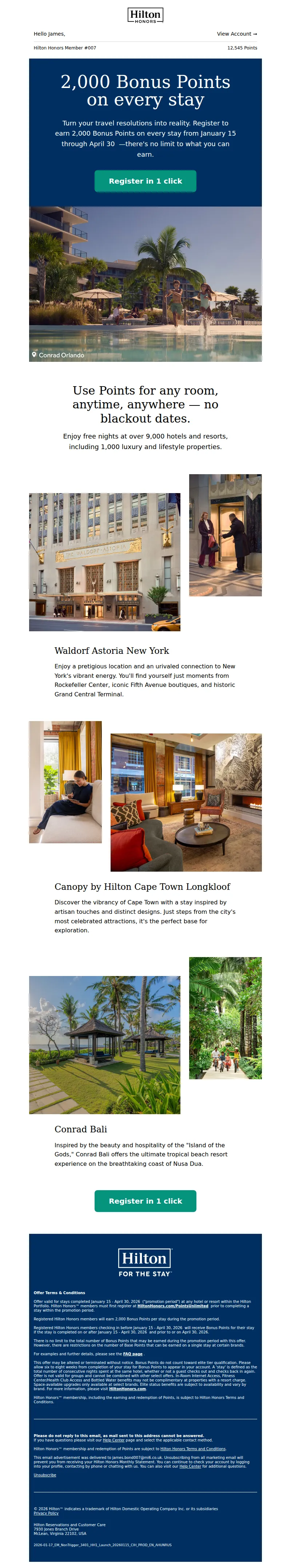 Email screenshot from Hilton Honors - New offer: 2,000 Bonus Points on every stay