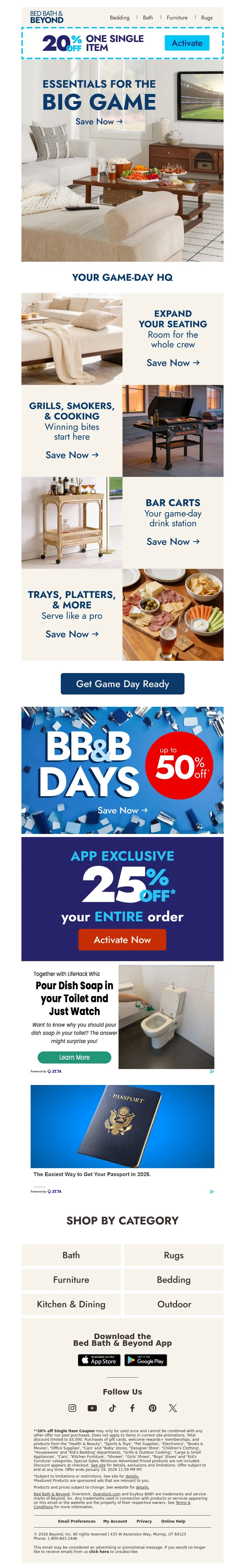Email screenshot from Bed Bath & Beyond - Host like a pro this game day 🏈