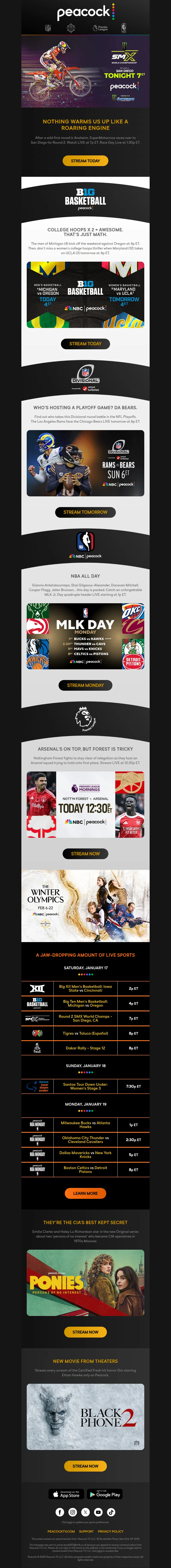 Email screenshot from Peacock - THIS WEEKEND: College Hoops, Premier League, SMX, and more!