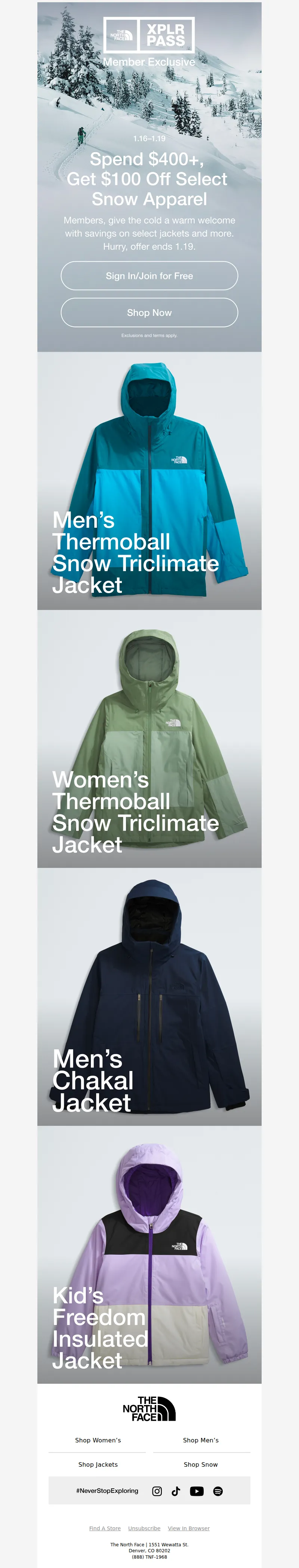 Email screenshot from The North Face - XPLR Pass Members, spend $400+, get $100 off