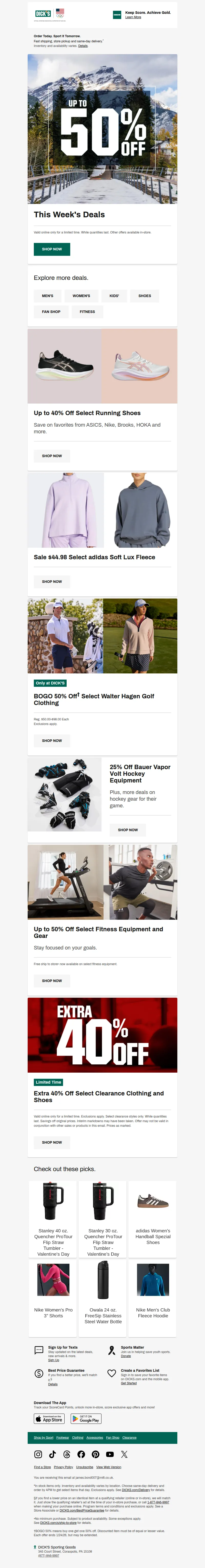 Email screenshot from Dick's Sporting Goods - << Looking for a quick refresh? >> Up to 50% off this week's deals 💰