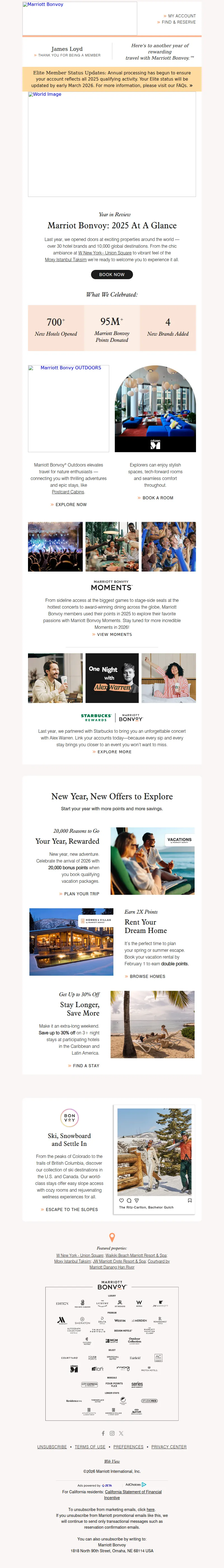 Email screenshot from Marriott Bonvoy - Mr. Bond's Account Update: Adventures Start Anew